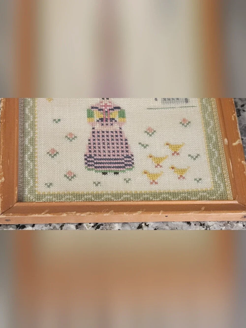 VTG Danish Scandinavian Cross Stitch Easter Church Needlepoint Framed Folk Art